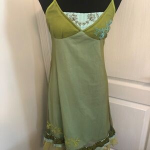 Deux Par Deux Cottagecore  Sage/Blue Spagetti Strap Embroidered Feminine Dress